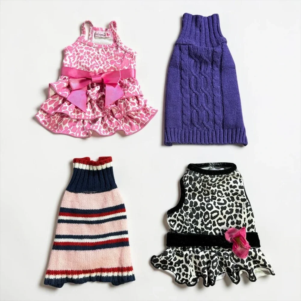 Lulupink Dog Clothes Bundle 4pc Small XS Sweaters Dresses Leopard Stripe Purple